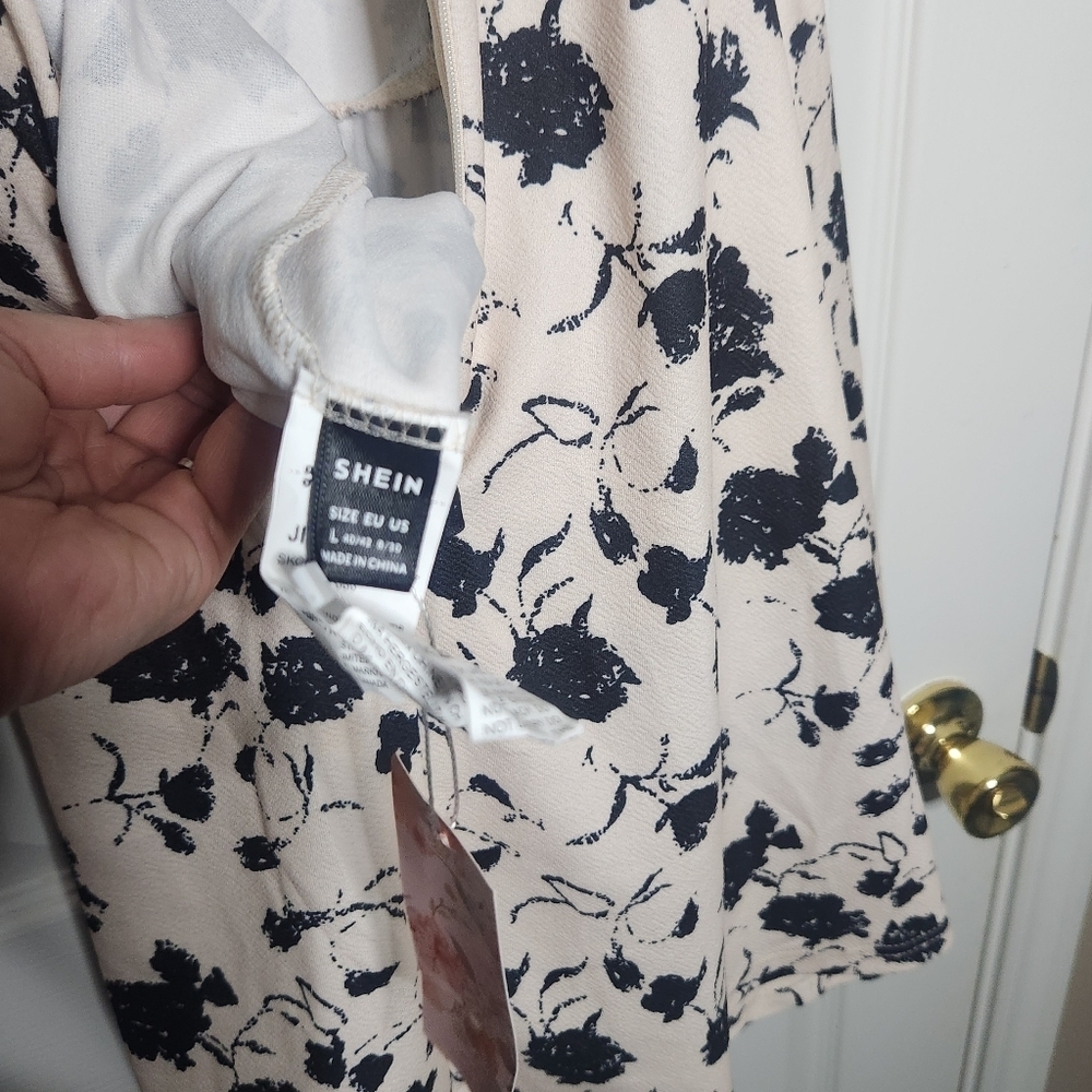 SHEIN Black and Cream Floral Dress